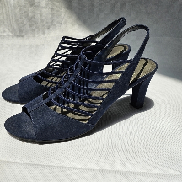 Impo Stretch Vila Navy Blue Fabric Strappy Slingback 3in Heels Size 9 - Picture 1 of 7